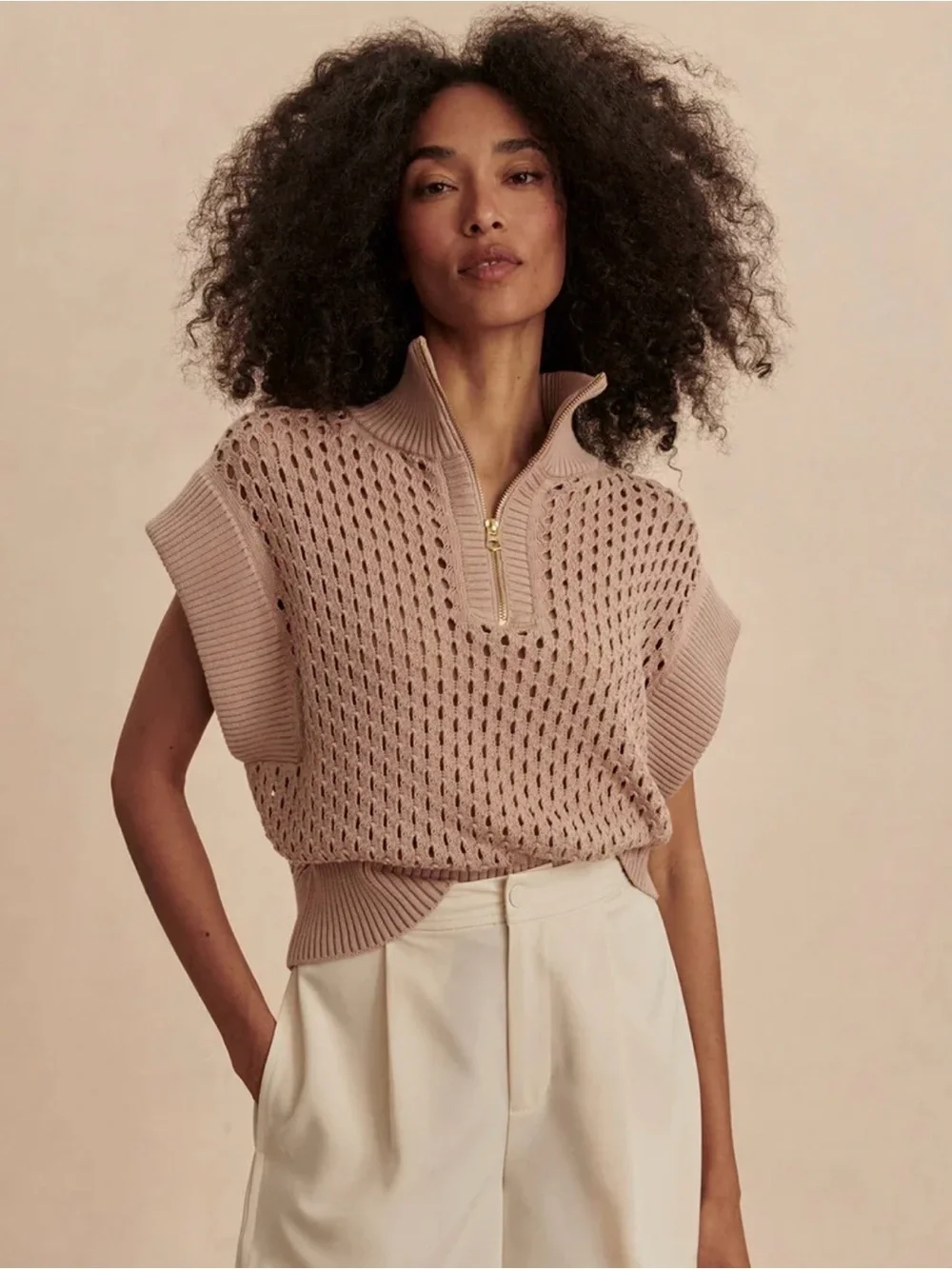 Varley tan Sleeveless Half-Zip Open-Knit Sweater